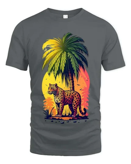 Tropical Leopard Sunset Graphic T Shirt Vibrant Jungle Art Tee - gray t-shirt on white background