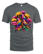 Vibrant Parrot Garden T Shirt Exotic Bird Floral Graphic Tee - gray t-shirt on white background