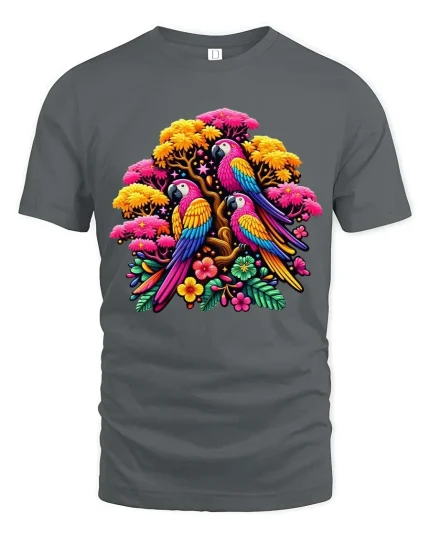 Vibrant Parrot Garden T Shirt Exotic Bird Floral Graphic Tee - gray t-shirt on white background