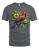 Artistic Cardinal Bird T Shirt Bright Flower Nature Design Tee - gray t-shirt on white background