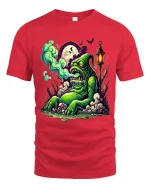 Funny Zombie Swamp Monster Graphic T Shirt Creepy Cartoon Tee - red t-shirt on white background