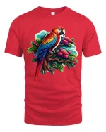 Bright Parrot Illustration T Shirt Tropical Style Graphic Tee - red t-shirt on white background