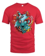 Cyberpunk Wolf Head Graphic T Shirt Futuristic Neon Art Tee - red t-shirt on white background