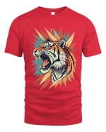 Fierce Roaring Tiger Graphic T Shirt Bold Wild Art Style Tee - red t-shirt on white background