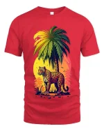 Tropical Leopard Sunset Graphic T Shirt Vibrant Jungle Art Tee - red t-shirt on white background