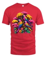 Vibrant Parrot Garden T Shirt Exotic Bird Floral Graphic Tee - red t-shirt on white background