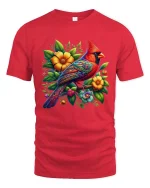 Artistic Cardinal Bird T Shirt Bright Flower Nature Design Tee - red t-shirt on white background