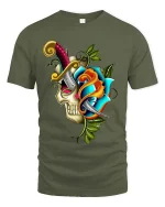 Colorful Fantasy Crest Art T Shirt Bold Vintage Graphic Tee - military green t-shirt on white background