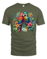 Exotic Macaw Birds T Shirt Colorful Nature Graphic Art Tee - military green t-shirt on white background