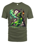 Funny Zombie Swamp Monster Graphic T Shirt Creepy Cartoon Tee - military green t-shirt on white background