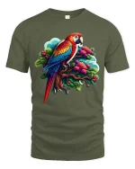 Bright Parrot Illustration T Shirt Tropical Style Graphic Tee - military green t-shirt on white background