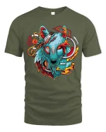Cyberpunk Wolf Head Graphic T Shirt Futuristic Neon Art Tee - military green t-shirt on white background