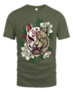 Futuristic Cyber Wolf T Shirt Neon Animal Graphic Streetwear - military green t-shirt on white background