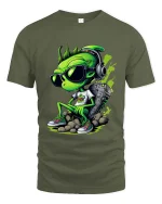 Cool Alien DJ Graphic T Shirt Funny Streetwear Music Vibes - military green t-shirt on white background