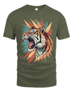 Fierce Roaring Tiger Graphic T Shirt Bold Wild Art Style Tee - military green t-shirt on white background