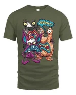 Funny Monster Battle Graphic T Shirt Cartoon Fight Art Tee - military green t-shirt on white background