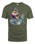 Colorful Songbird Graphic T Shirt Vibrant Nature Art Tee - military green t-shirt on white background