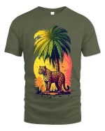 Tropical Leopard Sunset Graphic T Shirt Vibrant Jungle Art Tee - military green t-shirt on white background