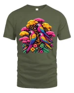 Vibrant Parrot Garden T Shirt Exotic Bird Floral Graphic Tee - military green t-shirt on white background
