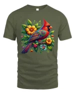 Artistic Cardinal Bird T Shirt Bright Flower Nature Design Tee - military green t-shirt on white background