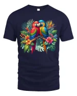 Exotic Macaw Birds T Shirt Colorful Nature Graphic Art Tee - navy t-shirt on white background