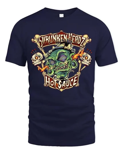 Shrunken Head Hot Sauce Graphic T Shirt Spicy Horror Art Tee - navy t-shirt on white background