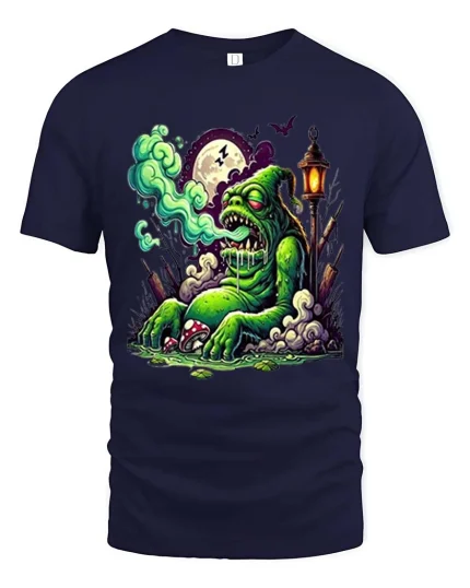 Funny Zombie Swamp Monster Graphic T Shirt Creepy Cartoon Tee - navy t-shirt on white background