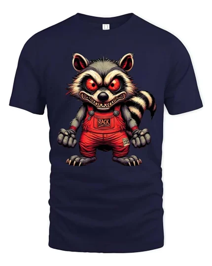 Creepy Evil Raccoon Graphic T Shirt Red Eyes Horror Art Tee - navy t-shirt on white background