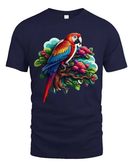 Bright Parrot Illustration T Shirt Tropical Style Graphic Tee - navy t-shirt on white background