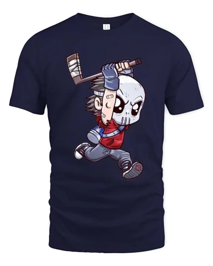 Funny Hockey Mask Cartoon T Shirt Slasher Style Graphic Tee - navy t-shirt on white background