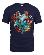 Cyberpunk Wolf Head Graphic T Shirt Futuristic Neon Art Tee - navy t-shirt on white background