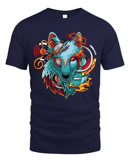 Cyberpunk Wolf Head Graphic T Shirt Futuristic Neon Art Tee - navy t-shirt on white background
