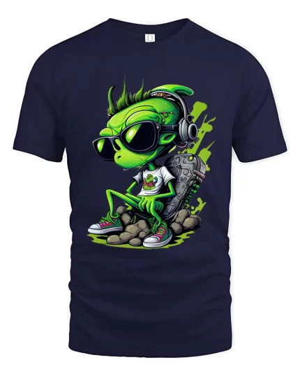Cool Alien DJ Graphic T Shirt Funny Streetwear Music Vibes - navy t-shirt on white background