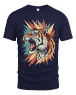 Fierce Roaring Tiger Graphic T Shirt Bold Wild Art Style Tee - navy t-shirt on white background