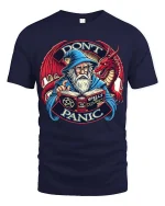 Dont Panic Wizard Dragon Graphic T Shirt Funny Fantasy Style - navy t-shirt on white background