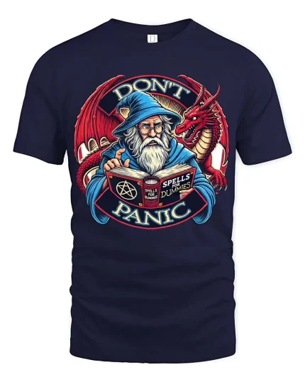 Dont Panic Wizard Dragon Graphic T Shirt Funny Fantasy Style - navy t-shirt on white background
