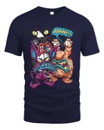 Funny Monster Battle Graphic T Shirt Cartoon Fight Art Tee - navy t-shirt on white background