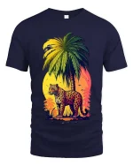 Tropical Leopard Sunset Graphic T Shirt Vibrant Jungle Art Tee - navy t-shirt on white background