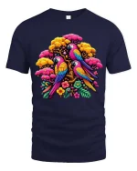 Vibrant Parrot Garden T Shirt Exotic Bird Floral Graphic Tee - navy t-shirt on white background