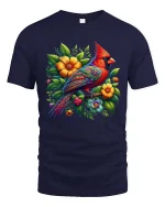 Artistic Cardinal Bird T Shirt Bright Flower Nature Design Tee - navy t-shirt on white background