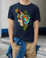 Colorful Fantasy Crest Art T Shirt Bold Vintage Graphic Tee - model wearing navy tee with hands in pockets