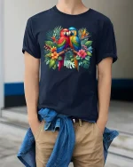Exotic Macaw Birds T Shirt Colorful Nature Graphic Art Tee - model wearing navy tee with hands in pockets
