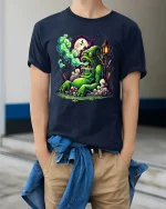 Funny Zombie Swamp Monster Graphic T Shirt Creepy Cartoon Tee - model wearing navy tee with hands in pockets