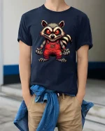 Creepy Evil Raccoon Graphic T Shirt Red Eyes Horror Art Tee - model wearing navy tee with hands in pockets