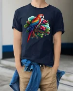 Bright Parrot Illustration T Shirt Tropical Style Graphic Tee - model wearing navy tee with hands in pockets