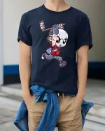 Funny Hockey Mask Cartoon T Shirt Slasher Style Graphic Tee - model wearing navy tee with hands in pockets