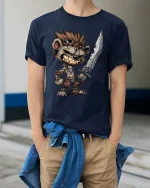 Savage Hyena Warrior Graphic T Shirt Fantasy Battle Art Tee - model wearing navy tee with hands in pockets