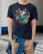 Cyberpunk Wolf Head Graphic T Shirt Futuristic Neon Art Tee - model wearing navy tee with hands in pockets