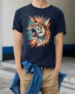 Fierce Roaring Tiger Graphic T Shirt Bold Wild Art Style Tee - model wearing navy tee with hands in pockets