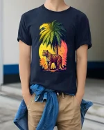 Tropical Leopard Sunset Graphic T Shirt Vibrant Jungle Art Tee - model wearing navy tee with hands in pockets